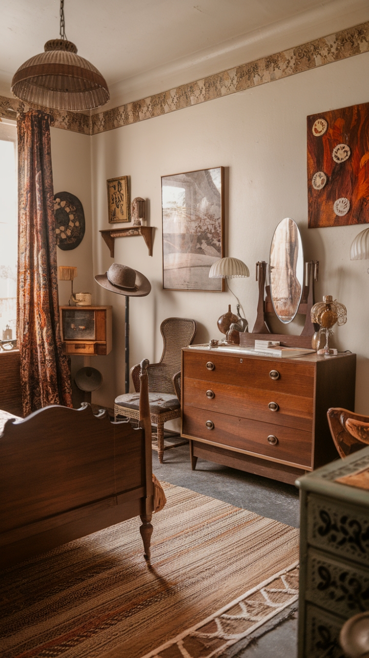 Ready to step into a dreamscape? This vintage bedroom is a masterclass in curated cool, where bohemian spirit meets retro charm. A beautiful wooden bed, grounded by a textured woven rug, anchors the space, inviting you to sink in and stay awhile. The walls tell stories with a collection of art, while a retro dresser with a classic mirror and vintage lamps adds a touch of old-school glamour. Antique furniture pieces, like a charming chair and a characterful cabinet, bring history and depth. Thoughtful vintage accessories, from a stylish hat stand to decorative treasures, complete this warm and inviting sanctuary. It's a space that feels lived-in, loved, and utterly inspiring.