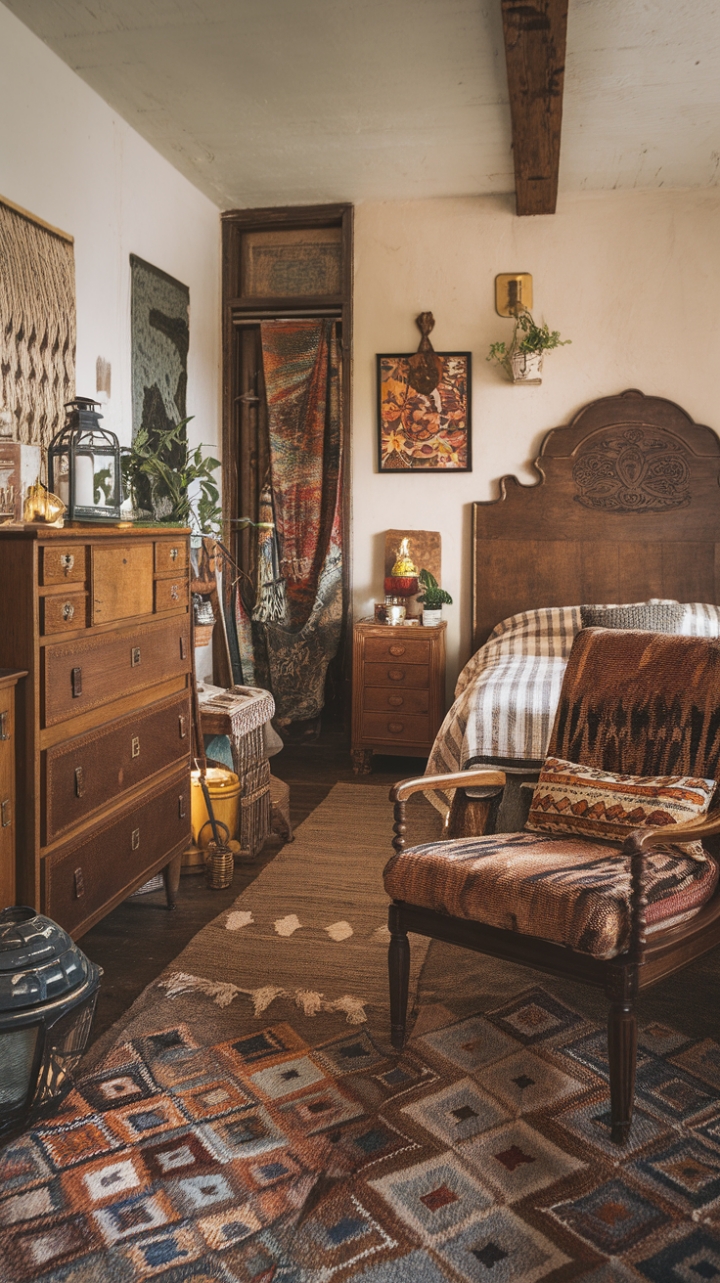 Unwind in this captivating vintage bedroom, a testament to eclectic style. A richly patterned rug sets the stage for a curated collection of retro and bohemian treasures: a carved wooden headboard, a worn armchair inviting you to sink in, and a vintage dresser overflowing with character. The warm lighting and carefully chosen accents—a lantern, a vibrant plant, and intriguing artwork—create an atmosphere of relaxed sophistication, a space where memories are made and tranquility reigns.
