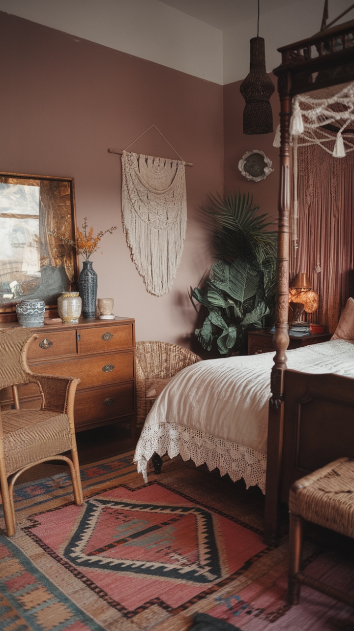 Step into a haven of bohemian charm where vintage whispers meet modern comfort. A muted pink backdrop sets the stage for a curated collection of wooden treasures, from a canopy bed draped in delicate lace to a rustic dresser brimming with personality. A wicker chair invites quiet contemplation, while a macrame wall hanging and lush greenery add layers of texture and life. The patterned rug grounds the space, creating a sanctuary of eclectic elegance.