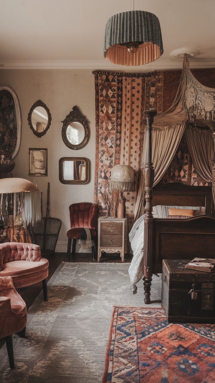 Step into this enchanting vintage bedroom where eclectic charm and bohemian spirit intertwine. The vintage wooden bed with a delicate canopy invites restful nights, while a retro lampshade casts a warm, nostalgic glow. Rich textures and patterns come alive through a plush velvet chair, a patterned wall hanging, and a cozy bohemian rug that anchors the space. Antique mirrors and ornate frames adorn the walls, reflecting a curated collection of vintage furniture pieces like a charming wooden chest and an inviting chair. The layered textures—soft greys, intricate patterns, and tactile textiles—create a warm, inviting atmosphere that feels both timeless and uniquely personal. This room is a captivating retreat where history and personality blend seamlessly, offering a space full of character and comfort.