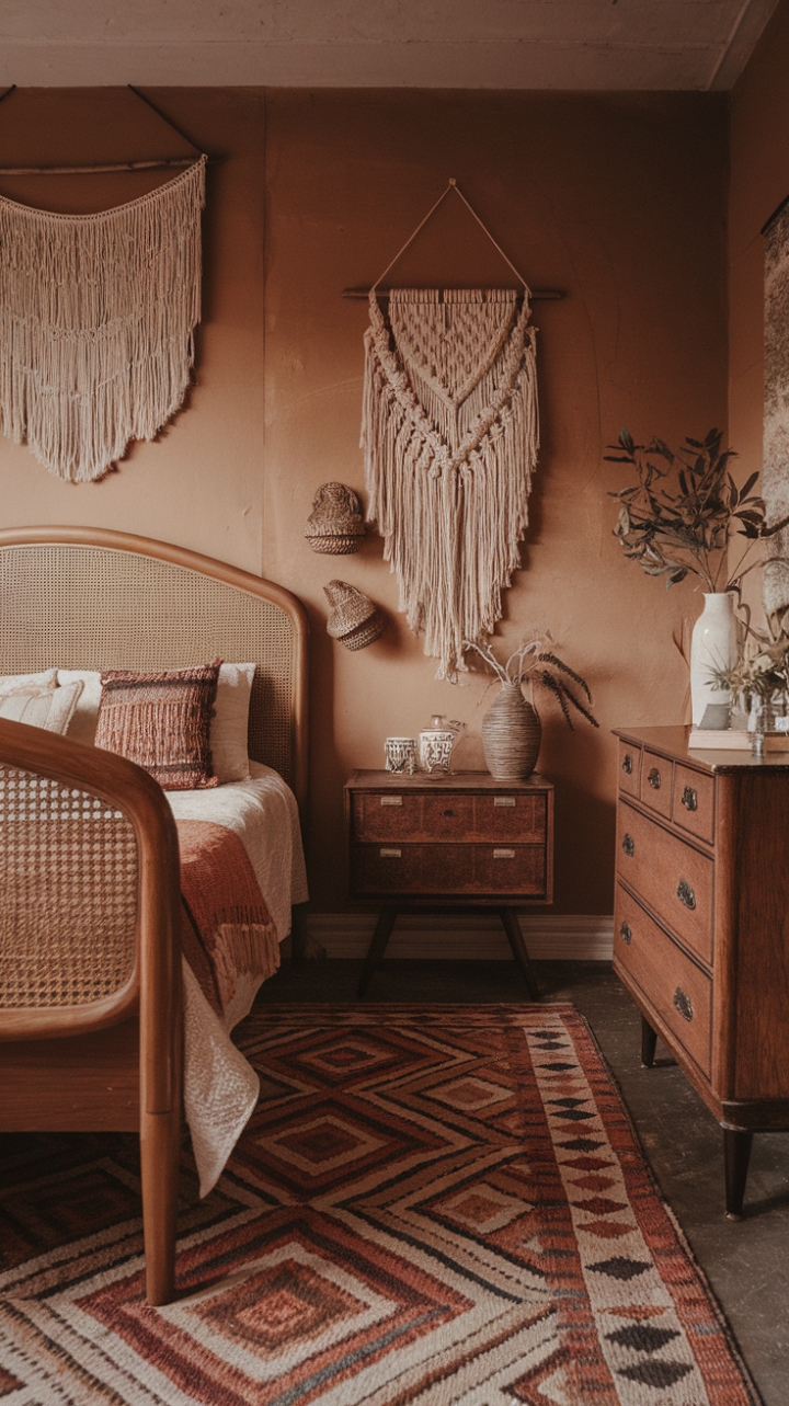 A captivating boho vintage bedroom exudes warmth and personality, blending retro charm with eclectic flair. The wooden bed with its woven headboard anchors the space, complemented by a vintage dresser that adds a touch of timeless elegance. An intricately patterned boho chic rug grounds the room, while textured textiles like a vibrant throw pillow and a delicate macrame wall hanging infuse it with tactile richness. Earthy wall tones create a soothing backdrop, inviting relaxation and reflection. This cozy sanctuary celebrates a harmonious mix of antique and modern elements, crafting an inviting retreat filled with character and charm.