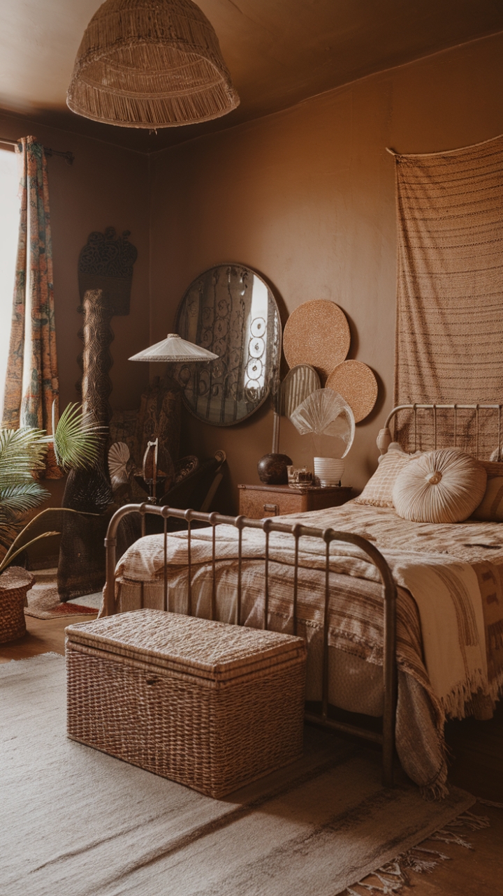 A captivating vintage boho chic bedroom exudes warmth and personality, where eclectic antique furniture and textured textiles create a cozy retreat. The earthy-toned walls serve as a perfect backdrop for charming decorative accents, including a charming lampshade, a reflective mirror, and lush greenery that breathe life into the space. The woven basket at the foot of the bed adds a touch of rustic charm, while the vibrant rug anchors the room with pattern and color. Textured wall hangings enhance the layered, tactile feel, making this space a beautifully curated sanctuary of vintage allure and bohemian spirit.