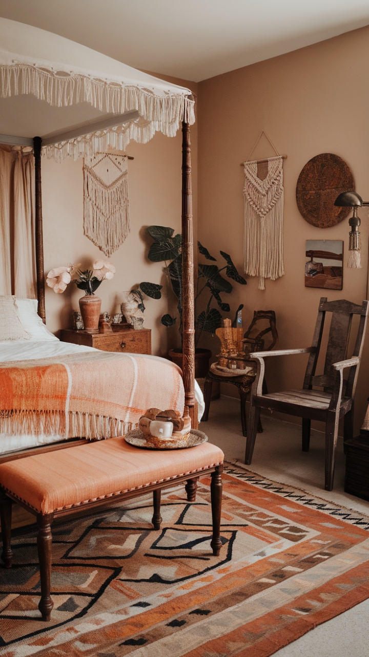 Step into a haven of bohemian bliss where vintage charm meets modern comfort. This retro-inspired bedroom, bathed in soft beige hues, boasts an antique four-poster bed adorned with a cozy throw, a geometric rug grounding the space, and eclectic accents that whisper tales of bygone eras. The warm, inviting ambiance is perfectly complemented by lush potted plants and a handcrafted macrame wall hanging, creating a sanctuary of serene sophistication.