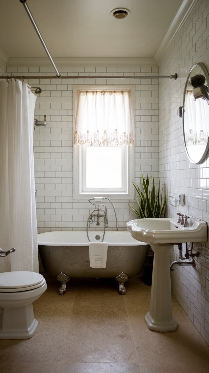 Step into this charming vintage-inspired bathroom where timeless elegance meets retro chic. The classic white subway tiles create a crisp backdrop for the antique fixtures, including a gracefully curved vintage bathtub and a sleek pedestal sink that evoke bygone glamour. A cozy shower curtain adds a touch of softness, while a small lush plant near the tub brings a breath of fresh life to the space. The beige tiled floor grounds the room with warmth, and the window dressed in a delicate curtain floods the space with natural light, making this bathroom a perfect blend of nostalgic charm and modern comfort.