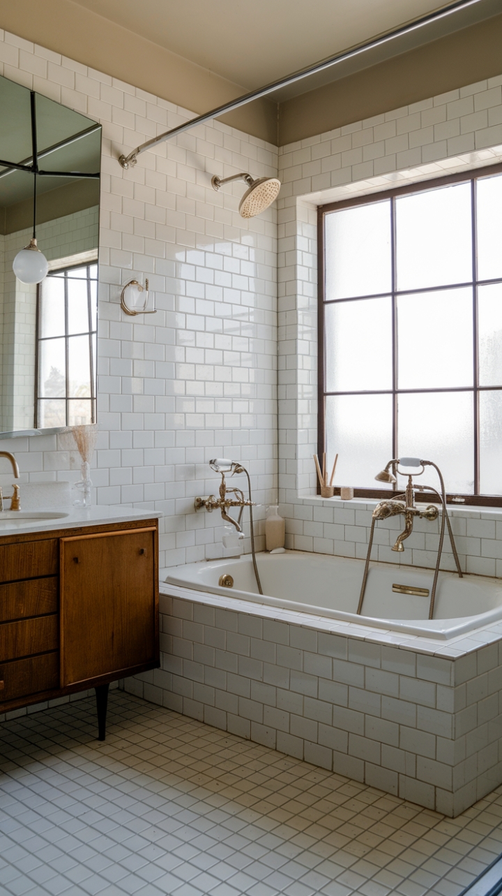 Ready for a bathroom that whispers tales of a bygone era, yet feels utterly fresh? This modern vintage sanctuary is a masterclass in retro chic. Crisp white tiles provide a clean canvas for a show-stopping vintage-inspired tub, complete with antique fixtures that gleam with history. Bathed in natural light from a generous window, this soaking spot is pure bliss. Mid-century touches, like a stylish vintage mirror and a warm wooden cabinet, add layers of character and charm. It's a space that feels both deeply nostalgic and perfectly suited for modern living.