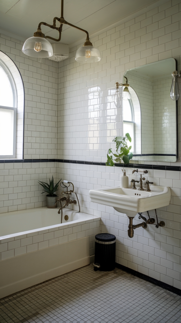 A charming vintage-inspired bathroom showcases a perfect blend of retro charm and contemporary sophistication. The pristine white bathtub and sink are accented by antique brass fixtures, adding a touch of timeless elegance. A vintage-style brass light fixture with glass shades casts a warm glow, enhancing the nostalgic ambiance. White subway tiles with dark grout line the walls, creating a classic backdrop that contrasts beautifully with the beige and white checkered floor. Modern touches, like a sleek black trash can and a lush potted plant near the sink, infuse the space with fresh vitality. This retro chic sanctuary seamlessly marries vintage allure with modern comfort, inviting relaxation and style in every detail.