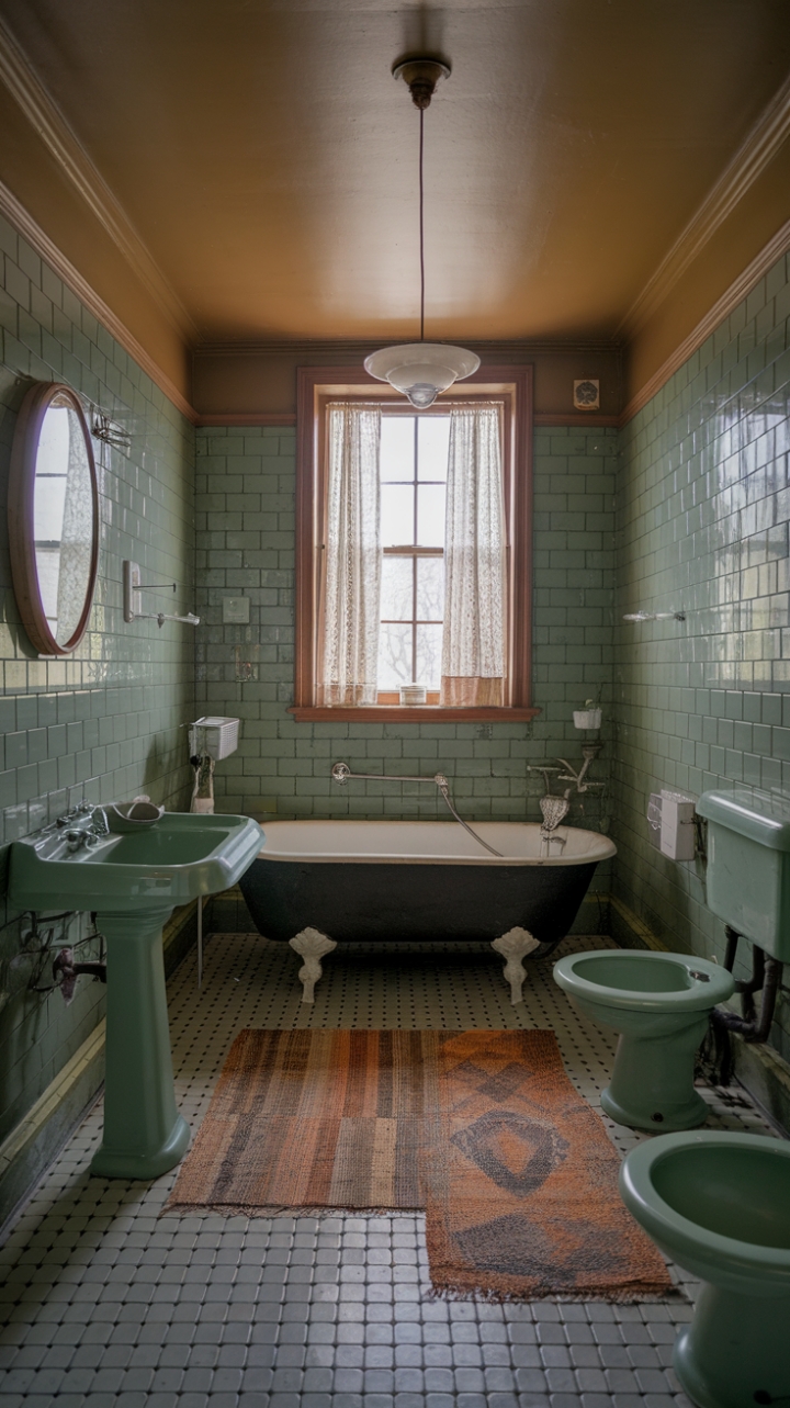 Ready for a trip back in time? This vintage bathroom is a true classic, where every detail whispers stories of eras past. Imagine sinking into that glorious clawfoot tub, the gentle glow from the vintage fixture casting a warm light on the green tiled walls. The iconic black and white checkered floor adds a playful touch, while the antique pedestal sink and charming rug complete this picture of timeless elegance. It's a space that feels both grand and inviting, a perfect blend of history and comfort.