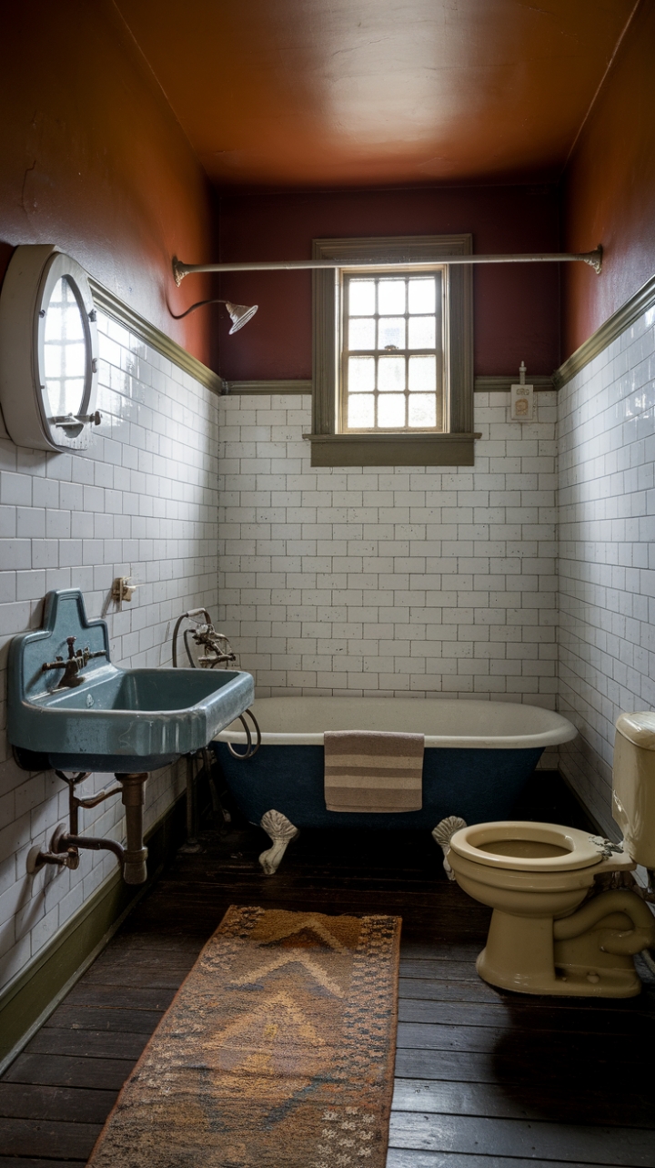 Ready to soak in some serious style? This vintage bathroom is a love letter to classic design. Imagine unwinding in that glorious clawfoot tub, the unique faucet a charming detail from another era. The pristine white subway tiles on the walls provide a timeless backdrop, while the dark wood floor adds warmth and character. And that vintage rug? It's the perfect touch of cozy nostalgia. Every element, from the distinctive sink to the uniquely designed toilet, whispers tales of the past, creating an ambiance that's both old-fashioned and utterly captivating.
