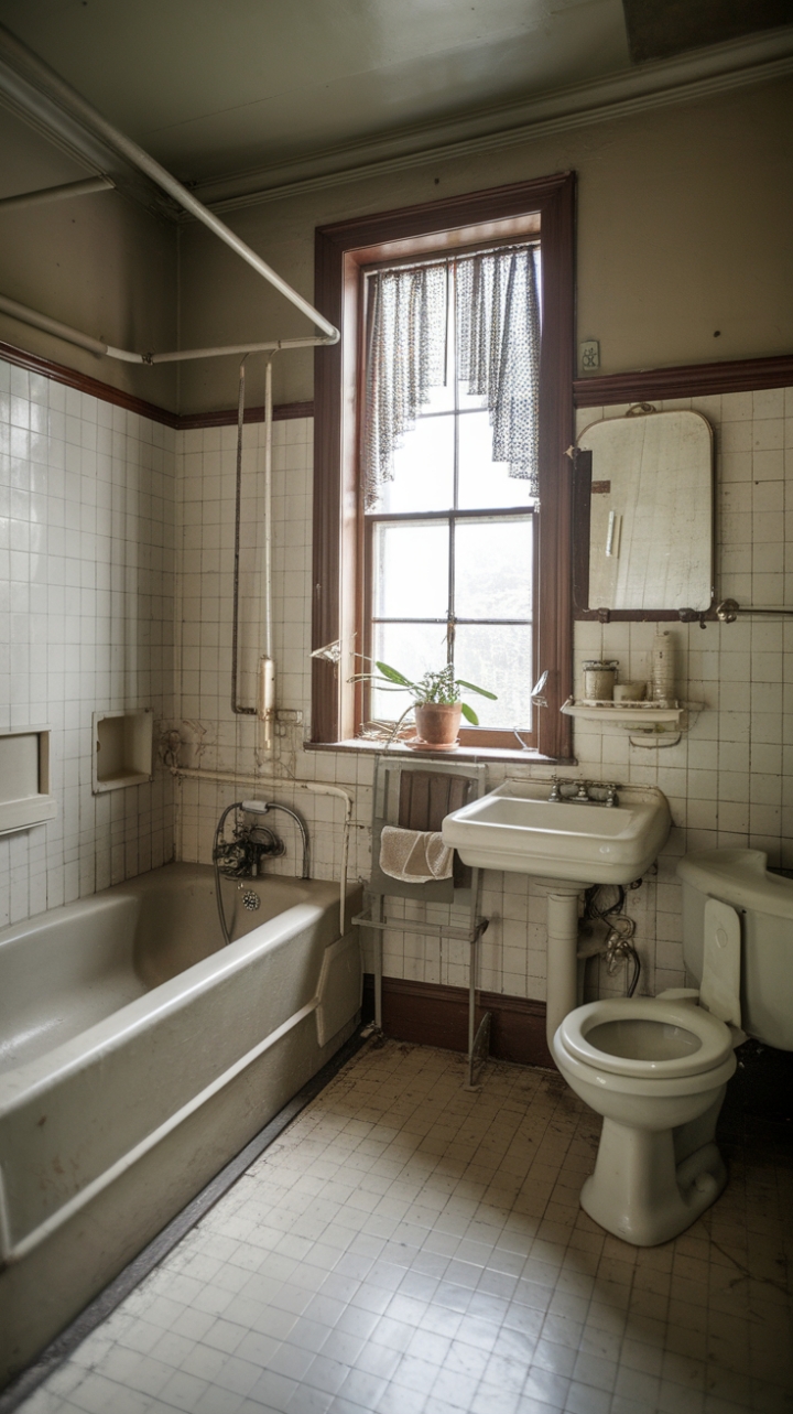 Step back in time with this vintage bathroom, where old-world charm meets modern comfort. The antique fixtures, patterned tiles, and delicate window curtain create a serene and nostalgic escape. Every detail, from the ornate towel rack to the flourishing potted plant, whispers tales of bygone elegance.