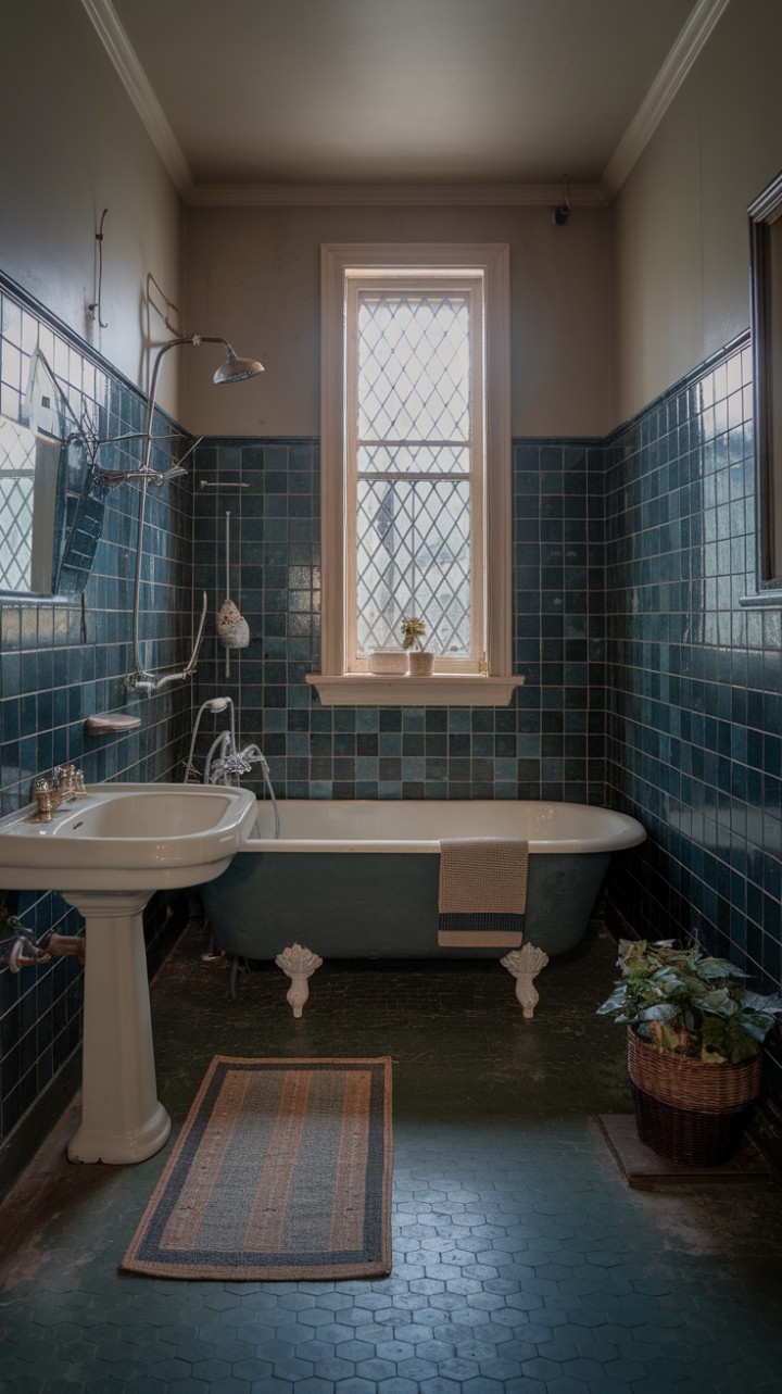 Step into this charming vintage bathroom where retro elegance meets nostalgic comfort. The classic clawfoot tub invites relaxation, complemented by a pedestal sink that exudes timeless appeal. Dark blue and white tiled walls create a striking geometric backdrop, while the dark green hexagonal floor tiles add depth and character. A lattice-window bathes the space in soft, natural light, enhancing the room’s warm, inviting atmosphere. A vintage-style rug anchors the space near the tub, and carefully curated decorative touches—a lush plant and a woven basket—bring a touch of life and personality. This bathroom captures the essence of bygone days with its nostalgic charm and thoughtfully curated details.