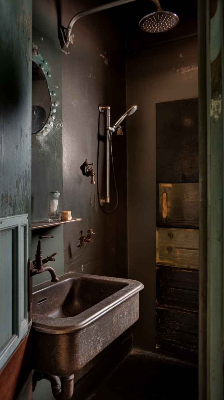 A moody vintage bathroom exudes nostalgic charm with its rich, dark color palette and distressed finishes. Antique fixtures, including a rusted sink and retro showerhead, evoke a sense of rustic history. The worn surfaces and vintage decor elements create an ambiance that is both nostalgic and uniquely captivating, inviting a moment of quiet reflection amidst timeless design.