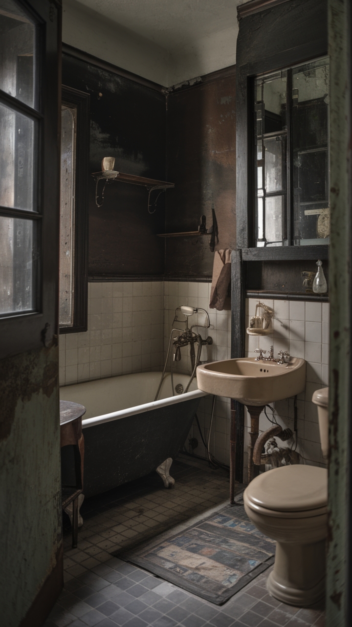 A moody vintage bathroom exudes nostalgic charm with its rich, dark color palette and distressed finishes. Antique decor and retro design elements create a captivating atmosphere, where a vintage bathtub invites moments of relaxation amidst rustic touches like the towel rack and window frame. The tiled floor adds texture and character, completing this evocative space that seamlessly blends history with timeless style.