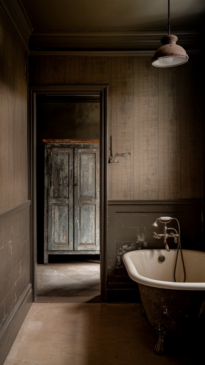 Ready for a bathroom that tells a story? This moody vintage retreat embraces the beauty of the past with a dark color palette and rustic charm. Distressed finishes add character to every corner, from the textured beige wallpaper with its subtle pattern to the antique bathtub with its captivating vintage fixture. A rustic light fixture casts a warm glow above the tub, while beige tiles ground the space. In the background, a vintage cabinet with a distressed finish adds another layer of history. The overall atmosphere is one of nostalgic tranquility, a perfect escape from the everyday.