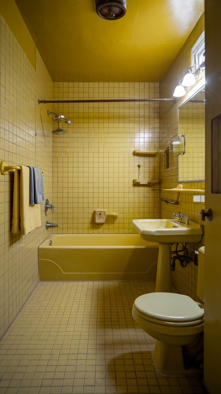 Dive headfirst into a wave of retro bliss with this stunning mid-century modern bathroom. The vibrant yellow hues create a captivating and energetic atmosphere, while the vintage fixtures and classic layout exude timeless elegance. Prepare to be transported to a golden age of design, where every element, from the shower curtain to the towel rack, contributes to a truly unforgettable bathing experience.