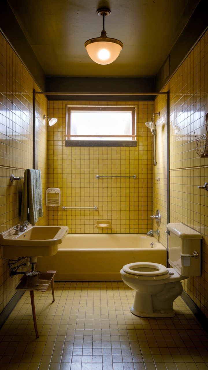 Step back in time with this sunshine-soaked vintage bathroom, where retro charm meets modern functionality. The cheerful yellow tiles, mid-century fixtures, and playful accents create a space that's both nostalgic and utterly delightful. Prepare to be transported to a bygone era of sophisticated simplicity.