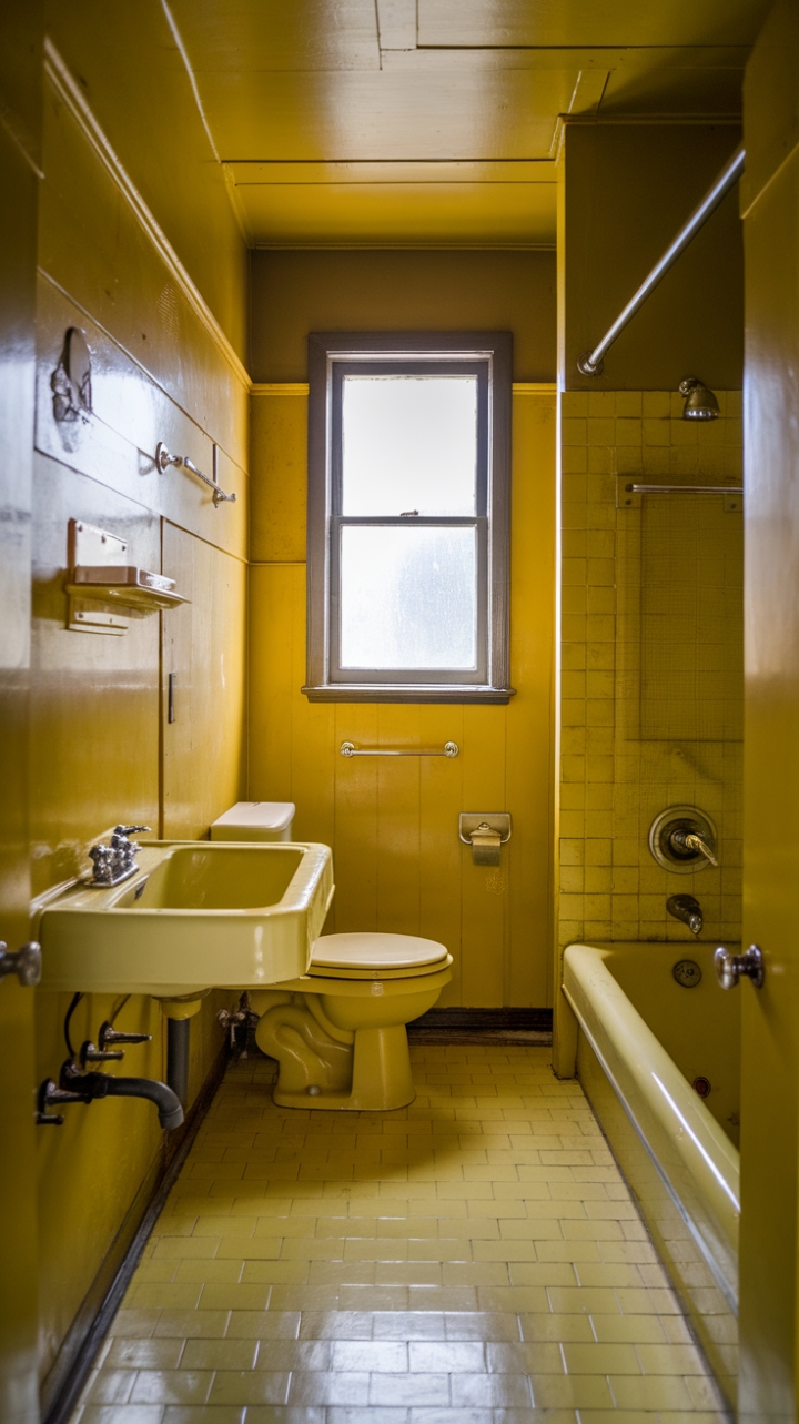 Step back in time with this sunshine-soaked vintage bathroom, where retro charm meets modern functionality. The cheerful yellow tiles, perfectly preserved fixtures, and nostalgic details create a space that's both stylish and utterly relaxing. Imagine yourself unwinding in this cheerful haven, a true testament to mid-century design.