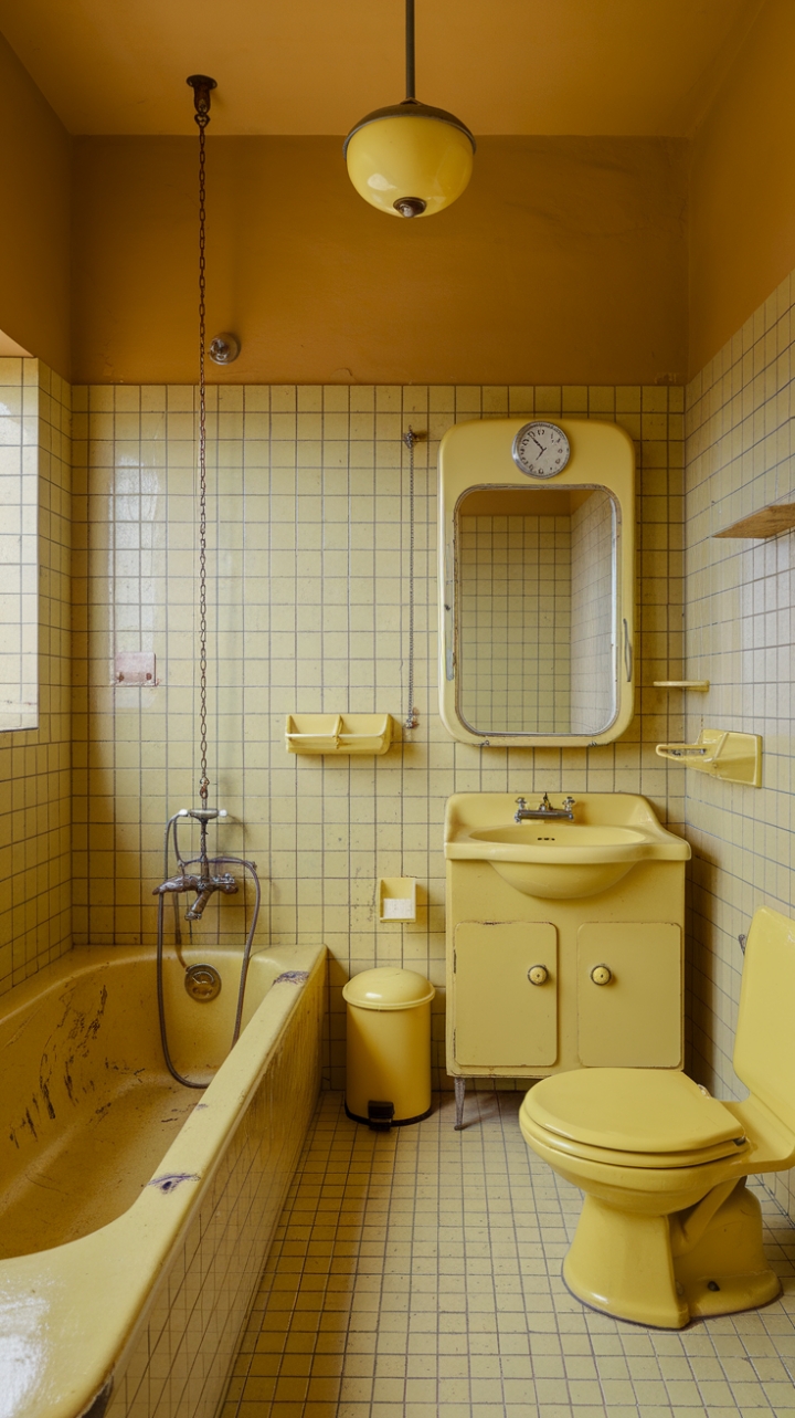 Step back in time with this sunny, vintage-inspired bathroom, where retro charm meets modern functionality. The cheerful yellow palette, from the gleaming tile to the perfectly imperfect tub, creates a space that's both nostalgic and utterly delightful. Every detail, from the brass fixtures to the quirky clock, whispers tales of bygone eras, promising a refreshing escape in a space brimming with personality.