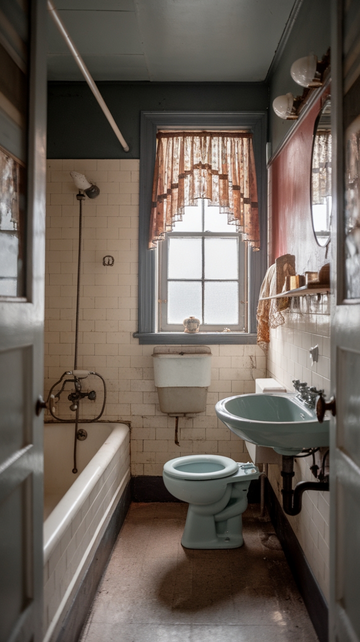 Indulge your senses in the romantic nostalgia of this petite powder room. Every detail, from the aged tile to the classic bathtub, speaks to a bygone era of refined simplicity. A perfect blend of vintage charm and modern functionality, this bathroom is a testament to enduring style.