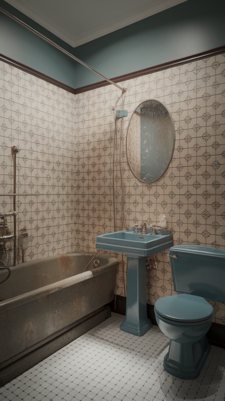 Indulge your senses in this exquisitely restored vintage bathroom. The antique fixtures, floral-patterned tiles, and classic design elements combine to create a haven of retro romance. Imagine sinking into that clawfoot tub after a long day – pure bliss!