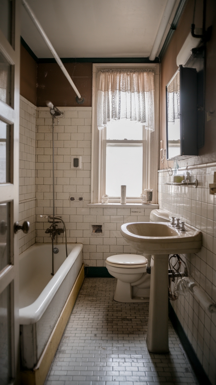 Indulge your senses in this exquisitely restored vintage bathroom. Every detail, from the antique bathtub to the meticulously preserved tilework, whispers tales of a bygone era. The soft light filtering through the white curtain enhances the space's serene atmosphere, creating a sanctuary of nostalgic beauty and understated sophistication.