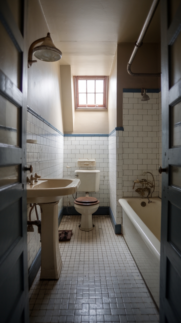 Ready for a little trip back in time? This charming vintage bathroom is a masterclass in shabby chic style. With its classic design, antique fixtures, and that gorgeous vintage tile floor, it's pure nostalgia. The pedestal sink and clawfoot tub with its vintage overflow pipe are the perfect finishing touches, creating a space that feels both timeless and utterly inviting.