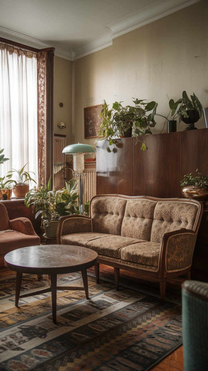 Step back in time with this vintage haven, where a patterned sofa whispers tales of bygone eras and sunlight dances on a polished wooden coffee table. The nostalgic charm is undeniable, a perfect blend of antique elegance and cozy comfort. Every detail, from the patterned rug to the lush greenery, contributes to an atmosphere of relaxed sophistication.