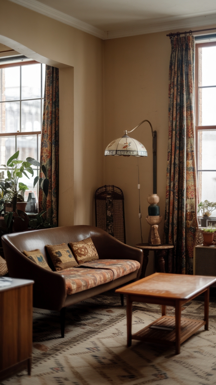 Ready for a trip down memory lane? This vintage-inspired apartment is a masterclass in classic comfort. Sink into the embrace of a patterned sofa, bathed in the warm glow of a ceramic-shaded lamp. A sturdy wooden coffee table anchors the space, while a patterned rug adds a touch of playful nostalgia underfoot. Beige walls create a serene backdrop, allowing the antique furnishings to truly shine. And a touch of greenery near the window breathes life into this charming, time-honored haven. It's a room that whispers stories of the past, inviting you to create new ones within its walls.