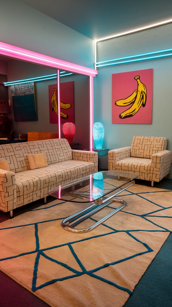 Escape to the electrifying era of the 80s! This living room is a dazzling display of retro style, featuring a geometric patterned sofa and armchair bathed in the cool glow of neon lights. A statement pop art banana painting adds a playful punch, while the chrome coffee table and patterned rug complete the look. Prepare to be transported to a time of bold colors and unforgettable design.