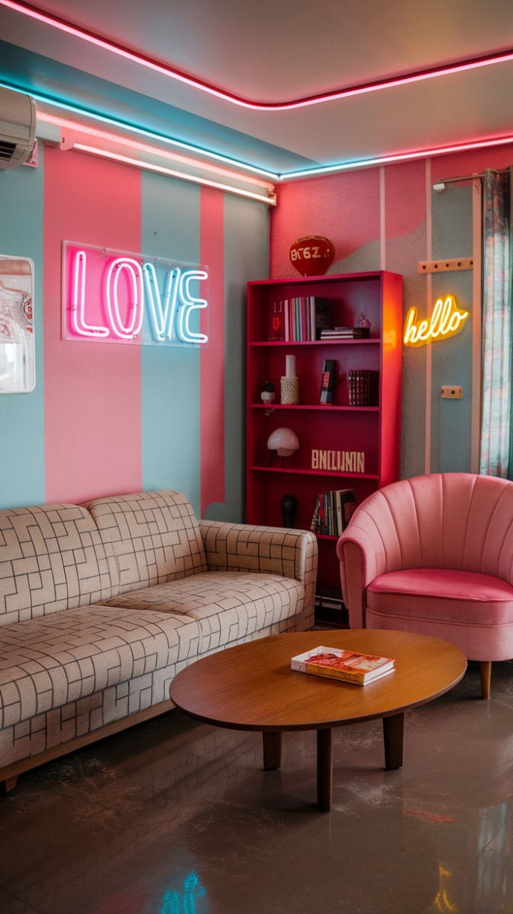 Step back in time to this vibrant 80s living room, where geometric patterns meet playful pops of neon. A beige sofa with bold designs anchors the space, complemented by a curvaceous pink armchair and a cheerful red bookshelf brimming with personality. Pink and blue striped walls set the stage for a "Love" sign that glows with retro charm, while a sunny yellow "Hello" adds a touch of unexpected whimsy. This nostalgic haven is a masterclass in playful 80s design, a perfect blend of vintage chic and pop art energy.