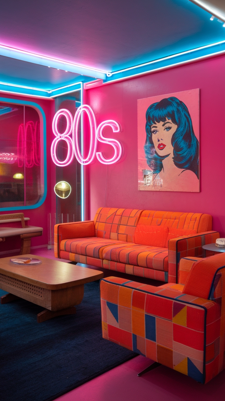 Step into a vibrant homage to the 1980s with this retro living room bursting with personality. The bold pink walls serve as a striking backdrop for the bright orange sofa adorned with playful geometric patterns, complemented by a matching armchair that invites relaxation. A sleek wooden coffee table anchors the space, resting atop a dark blue rug that adds depth and contrast. Eye-catching pop art featuring a woman with striking blue hair injects a dose of edgy flair, while neon accents, including a glowing pink "80s" sign, amplify the nostalgic vibe. This room captures the exuberance and eclectic charm of a bygone era, making it a true celebration of retro style.