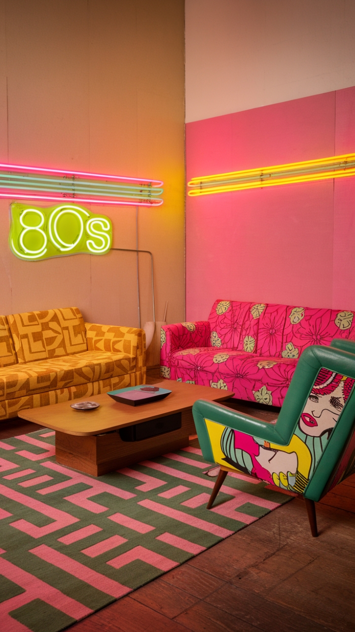 Ready for a trip back in time? This living room is a vibrant explosion of 80s cool! Against a backdrop of soft beige and playful pink, a sunshine-yellow sofa with geometric flair cozies up to a pink beauty blooming with bold florals. A green chair, a true pop art statement, adds another layer of visual interest. Grounding the space is a warm wooden coffee table and a rug that ties the pink and green hues together. And for that quintessential 80s glow? Neon accents, of course! A pink and green sign casts a cool light above the sofa, while a yellow neon above the coffee table adds another electric touch. The warm lighting bathes the room in a nostalgic embrace.