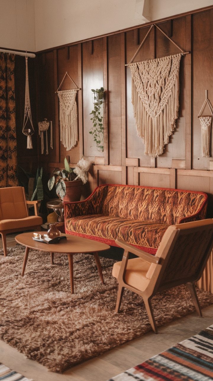 Unwind in this 70s-inspired bohemian haven. Rich wood paneling and a luxurious shag rug set the stage for a vintage sofa boasting a show-stopping pattern. Macrame wall hangings and plant holders add textural depth, creating a space that's both nostalgic and utterly captivating. The earthy palette and retro details make this the ultimate sanctuary of laid-back luxury.