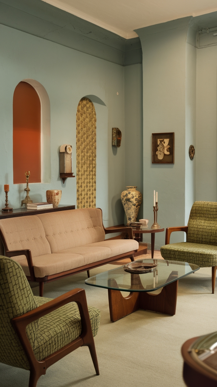 Step into this charming vintage living room where mid-century elegance meets nostalgic warmth. The beige sofa with sleek wooden legs invites relaxation, complemented by two green-patterned armchairs that add a touch of retro flair. A glass-topped coffee table with a wooden base anchors the space, reflecting the room’s timeless appeal. Soft light blue walls create a calming backdrop, highlighting carefully curated vintage accessories—a ceramic vase, a classic candlestick, and a petite table lamp—that evoke a sense of history and personality. The retro color palette of beige, green, and blue weaves together a cozy, old-fashioned ambiance, making this space a perfect sanctuary of nostalgic charm.