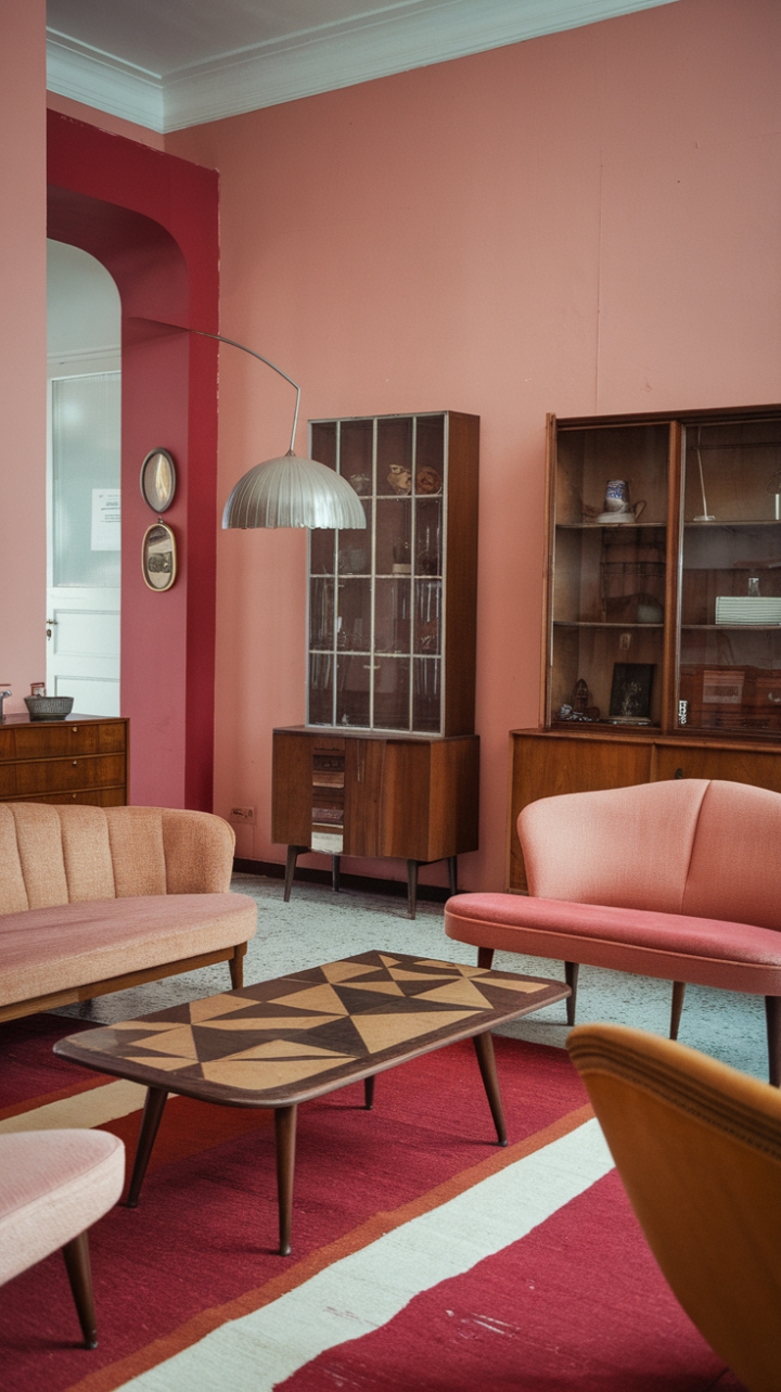 Step back in time with this dreamy mid-century living room, where blush pink walls whisper vintage romance. A geometric coffee table anchors the space, its patterned surface a playful counterpoint to the elegant, tapered legs of the antique sofa. The red and white rug adds a vibrant pop, while a curvaceous lamp casts a warm glow, completing this perfectly curated nostalgic haven. Every detail, from the wooden cabinet's glass doors to the retro color palette, speaks to a bygone era of sophisticated style.