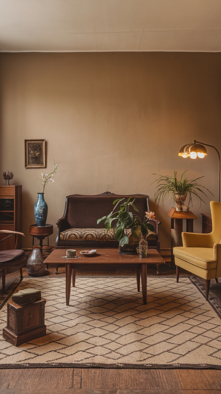 A captivating vintage living room exudes timeless charm with its mid-century aesthetic. The rich, dark brown sofa adorned with a patterned cushion invites relaxation, complemented by a vibrant yellow armchair that adds a cheerful pop of color. The wooden coffee table and plant stand enhance the room’s warm, organic feel, while the beige walls and patterned rug create a cozy, inviting atmosphere. Vintage accessories—such as a striking blue vase with fresh flowers, a classic wooden box, and a lamp with a golden shade—imbue the space with character and nostalgia. Warm lighting bathes the room in a soft glow, highlighting the carefully curated details that make this space both stylish and soulful.