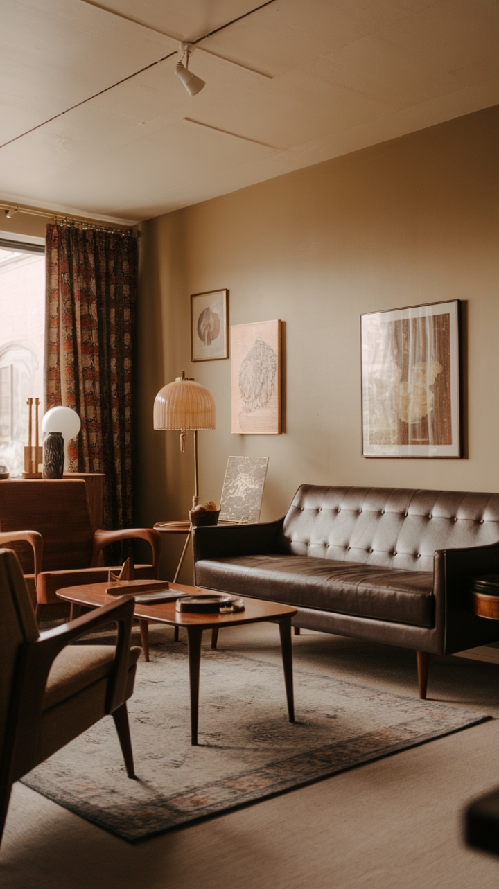 Step back in time with this effortlessly chic living room, where mid-century modern meets vintage charm. Beige walls provide a calming backdrop for a curated collection of iconic furniture and nostalgic accents, creating a space that's both sophisticated and inviting. The perfect blend of classic and contemporary, this room whispers stories of bygone eras while embracing modern comfort.