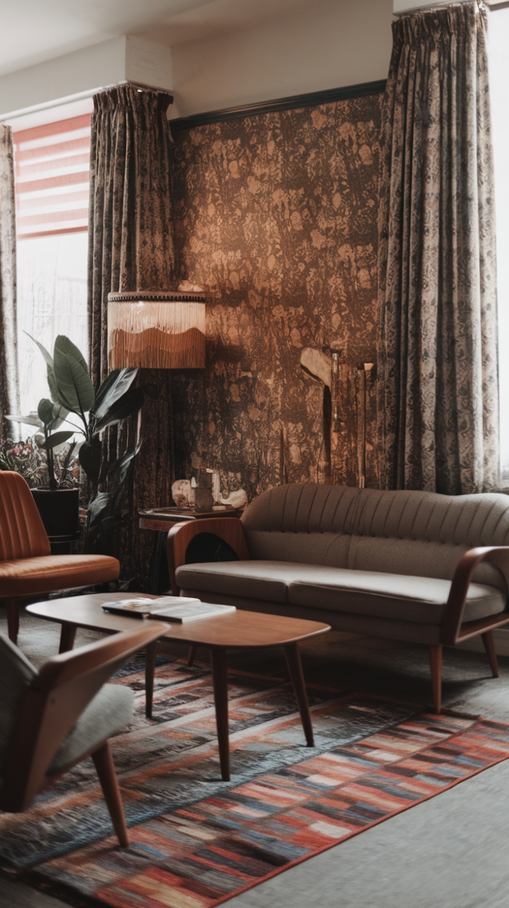 Embrace the effortlessly cool vibe of this contemporary vintage living room. The classic modern fusion is undeniable, with mid-century furniture taking center stage alongside a vibrant patterned rug and a statement lamp. A touch of greenery adds a fresh, modern twist to this nostalgic yet utterly stylish space. Retro chic redefined.