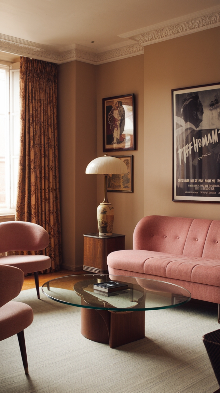 Step back in time with this effortlessly chic living room, where mid-century modern meets vintage charm. A blush-toned sofa takes center stage, complemented by a sleek glass-top coffee table and a curvaceous chair, all bathed in the warm glow of a brass lamp. The eclectic mix of vintage movie posters and ceramic accents adds a touch of playful nostalgia.