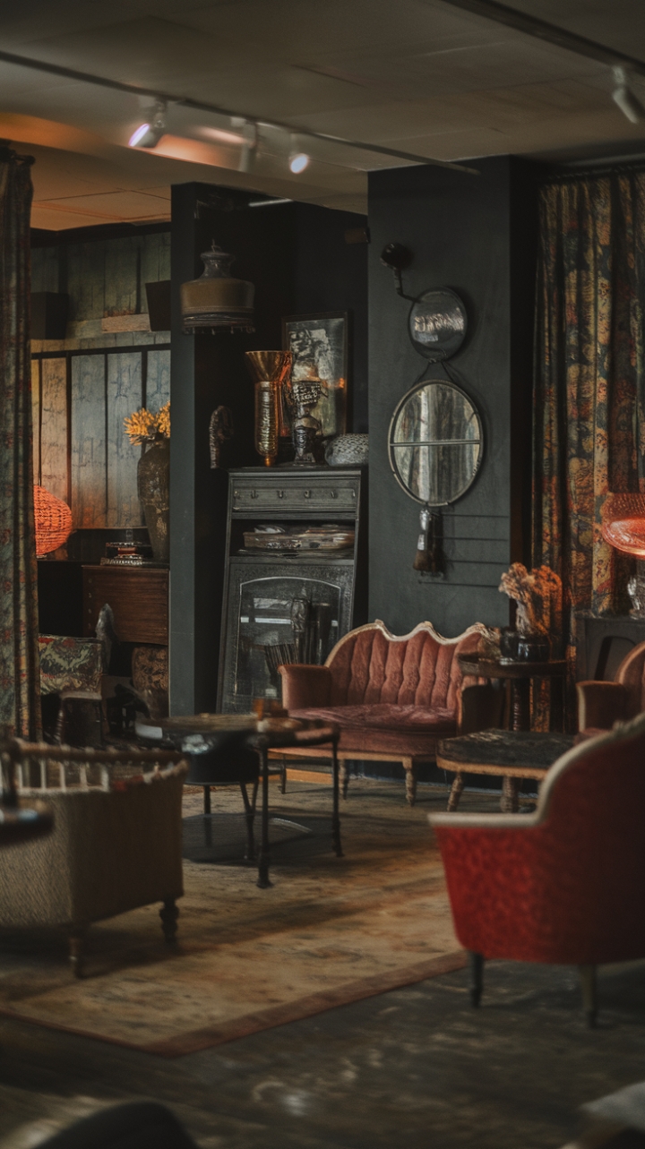 Step into a sanctuary of vintage charm, where shadows dance with the glow of antique lamps and the whispers of bygone eras fill the air. Rich textures, distressed finishes, and a curated collection of retro furniture create a moody yet inviting atmosphere, perfect for those who appreciate the beauty of time-worn elegance.