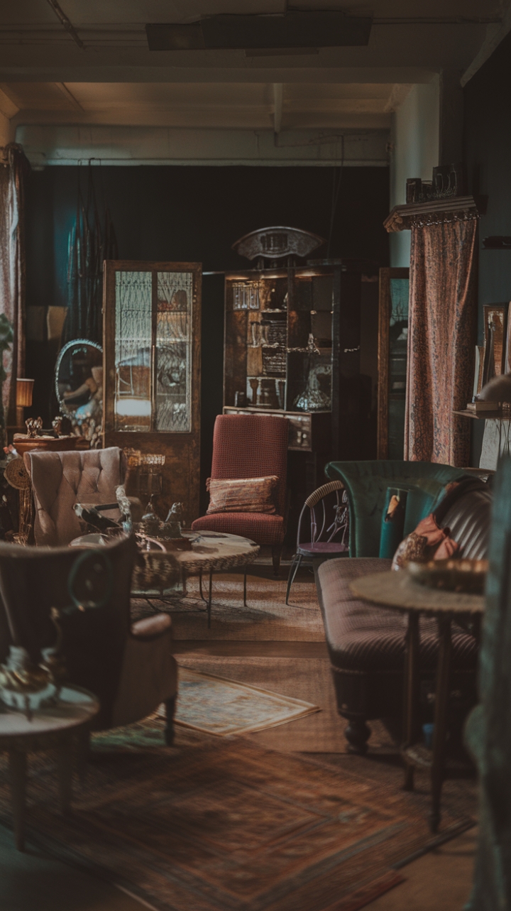 Step into a sanctuary of vintage allure, where shadows dance with antique charm. Rich textures and a moody palette create an atmosphere of captivating mystery, inviting you to linger in the embrace of bygone elegance. Distressed finishes whisper tales of time, while retro furniture and vintage textiles add layers of intriguing history. This isn't just a room; it's a mood, a story, a timeless escape.