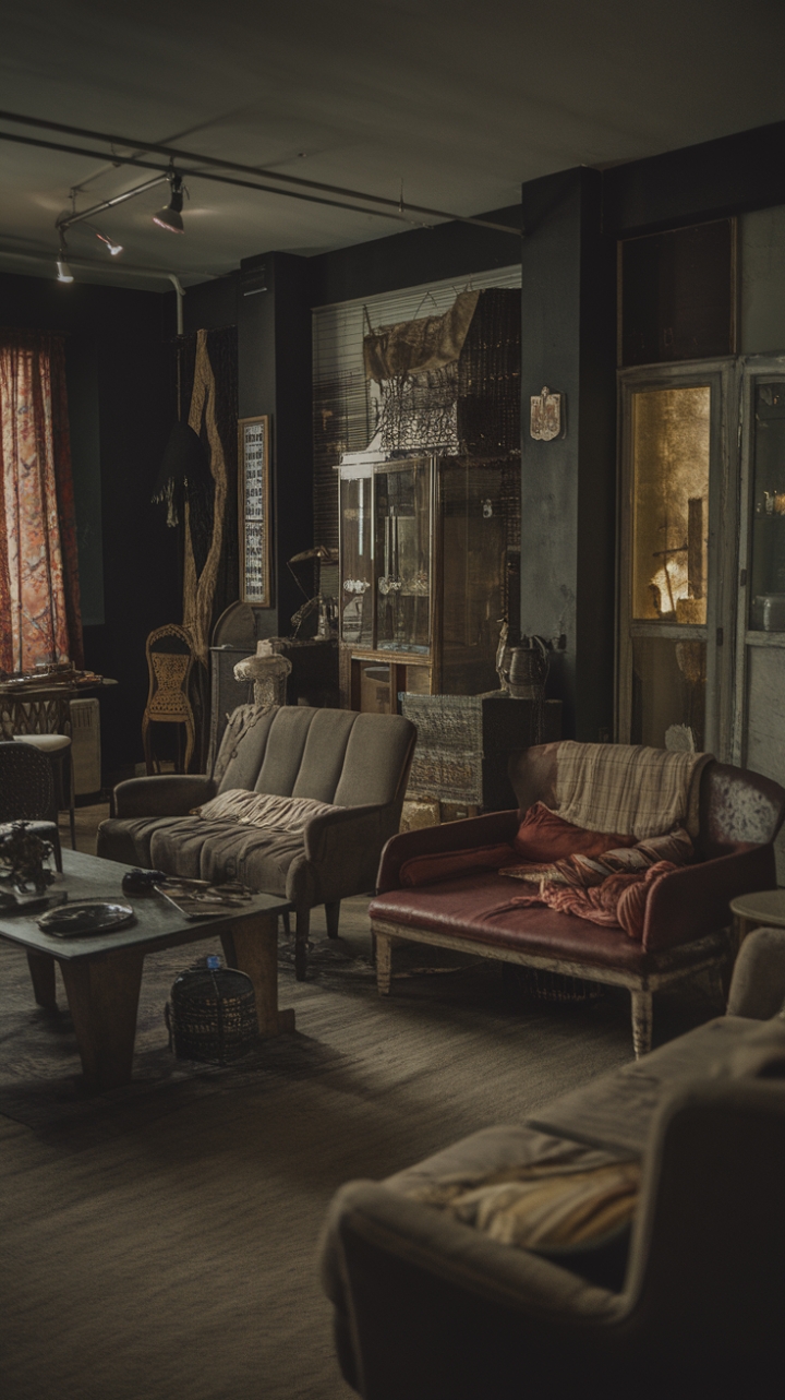 A vintage living room exudes nostalgic charm with its moody palette and richly layered textures. Antique decor and retro furniture pieces, each with distressed finishes, create a sense of timeless elegance. Rustic accents and vintage textiles add warmth and character, while moody lighting casts a soft glow, enveloping the space in an intimate, nostalgic ambiance.