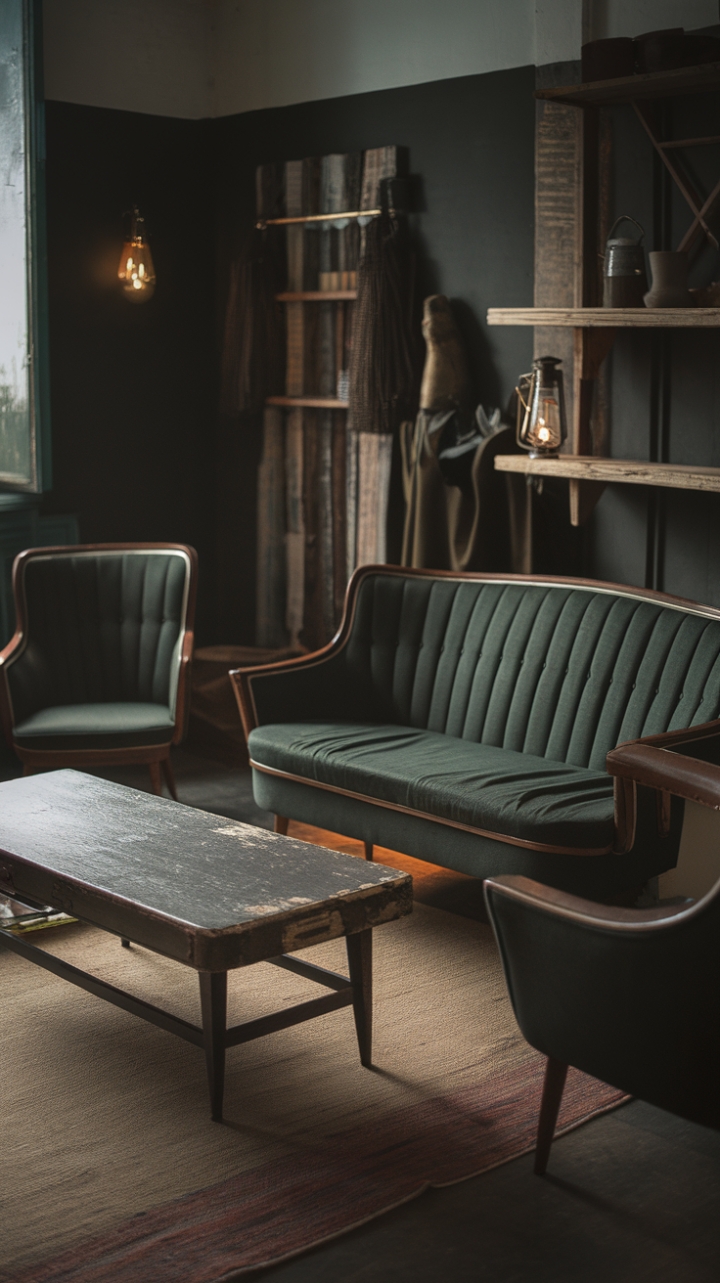 Ready to embrace the allure of the past? This vintage living room is a masterclass in moody sophistication. A deep green sofa and matching chair, with their charming retro lines, invite you to sink in and stay awhile. A distressed wooden coffee table anchors the space, its imperfections telling a story of time. Dark walls create an intimate backdrop, allowing rustic accents like a wooden shelf and a lantern to truly shine. Vintage textiles, from the patterned rug to the plush throw pillow, add layers of texture and warmth. The soft glow from a lamp and a window casts a captivating light, creating an ambiance that's both dramatic and deeply comforting. This is a space designed for lingering, for quiet contemplation, and for appreciating the beauty of a bygone era.