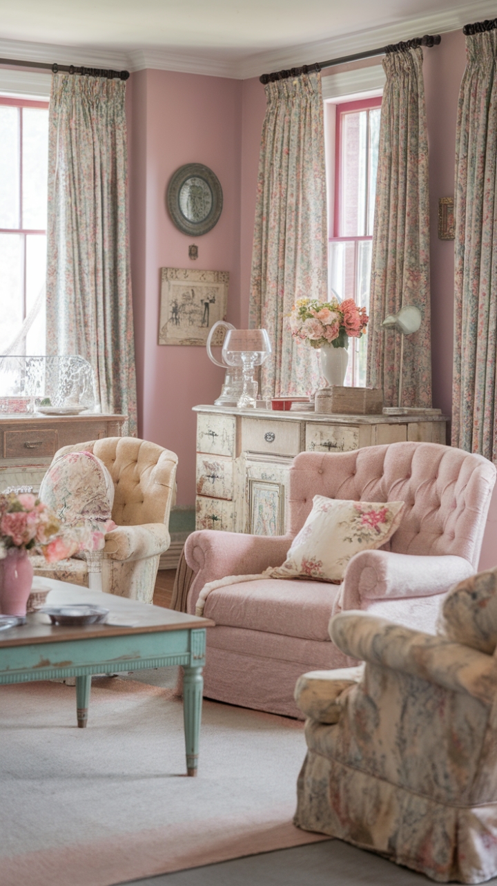 Step into a haven of faded elegance and whispered stories. This shabby chic living room, bathed in pastel hues and adorned with floral flourishes, exudes a rustic charm that's both comforting and captivating. Distressed furniture pieces, each bearing the mark of time, mingle with antique accents, creating a space where vintage whispers meet modern comfort. Prepare to be enchanted.