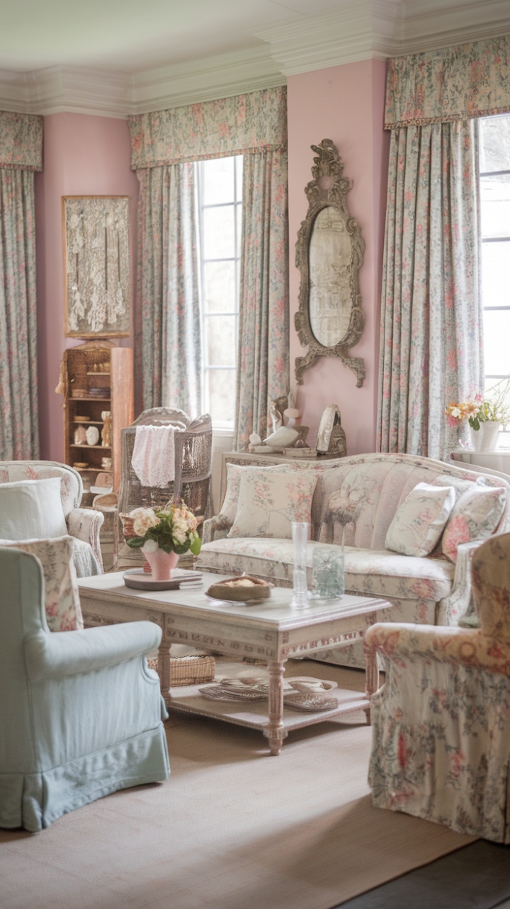 Embrace the romantic allure of a bygone era in this exquisitely styled shabby chic living room. Distressed furniture and antique décor create a captivating blend of rustic charm and refined elegance. A soft pastel palette, adorned with delicate floral patterns and vintage accessories, evokes a sense of tranquil cottage living. This is shabby chic redefined, a testament to timeless beauty.