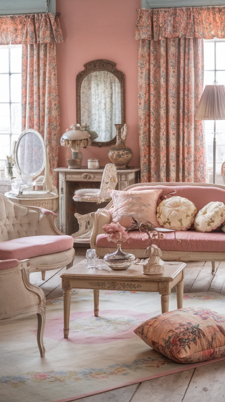 Ready for a dose of pure, unadulterated charm? This vintage living room is a love letter to shabby chic, where every piece tells a story. Distressed furniture, from the cozy sofa to the characterful coffee table, invites you to sink in and stay awhile. Antique treasures like the ornate mirror and delicate vase add layers of history and grace. A dreamy pastel palette of soft pinks, blues, and yellows washes over the space, while romantic floral patterns on the rug and cushions bloom with rustic beauty. It's a space that feels lived-in, loved, and utterly enchanting.