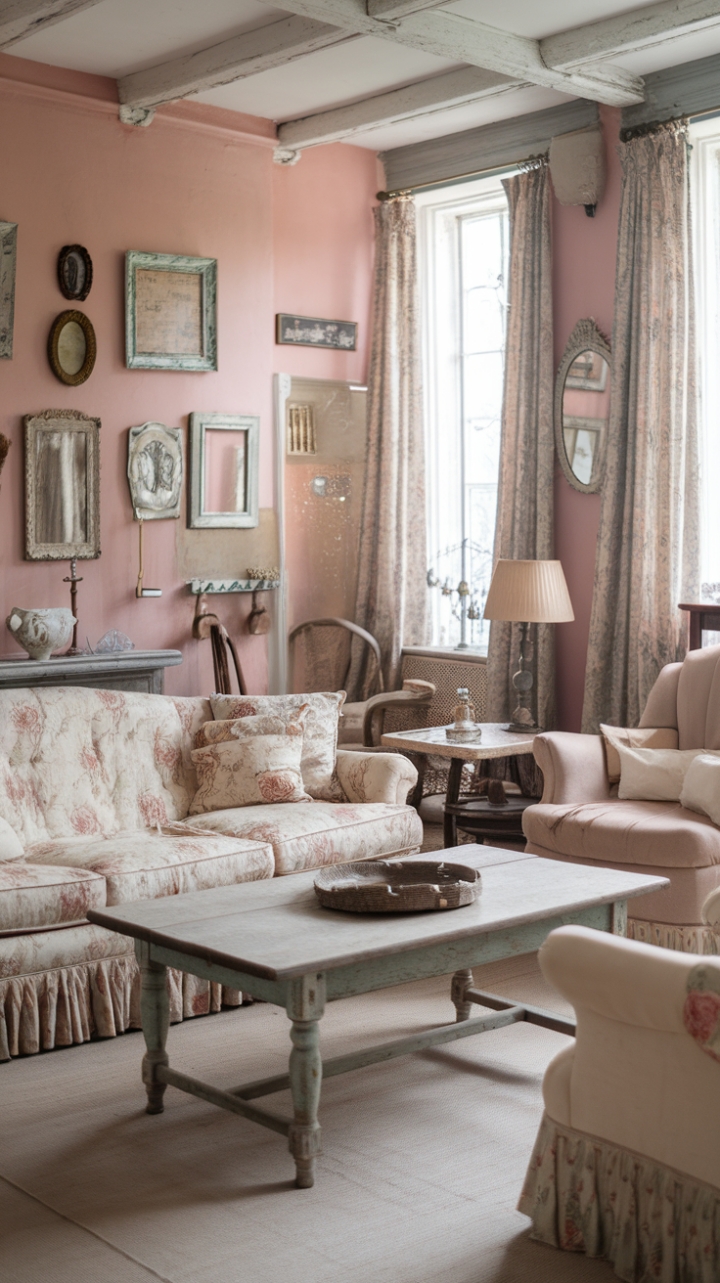 Embrace the captivating allure of this vintage living room, where distressed furniture and antique accents weave a tale of timeless beauty. A soft beige palette, punctuated by floral patterns and the warm glow of vintage lighting, creates a space that's both inviting and utterly charming. The rustic charm of the coffee table and armchair perfectly complements the antique mirrors and frames adorning the walls, resulting in a shabby-chic sanctuary that's as comfortable as it is captivating. This is more than just a room; it's a curated collection of cherished memories, brought to life with effortless style.