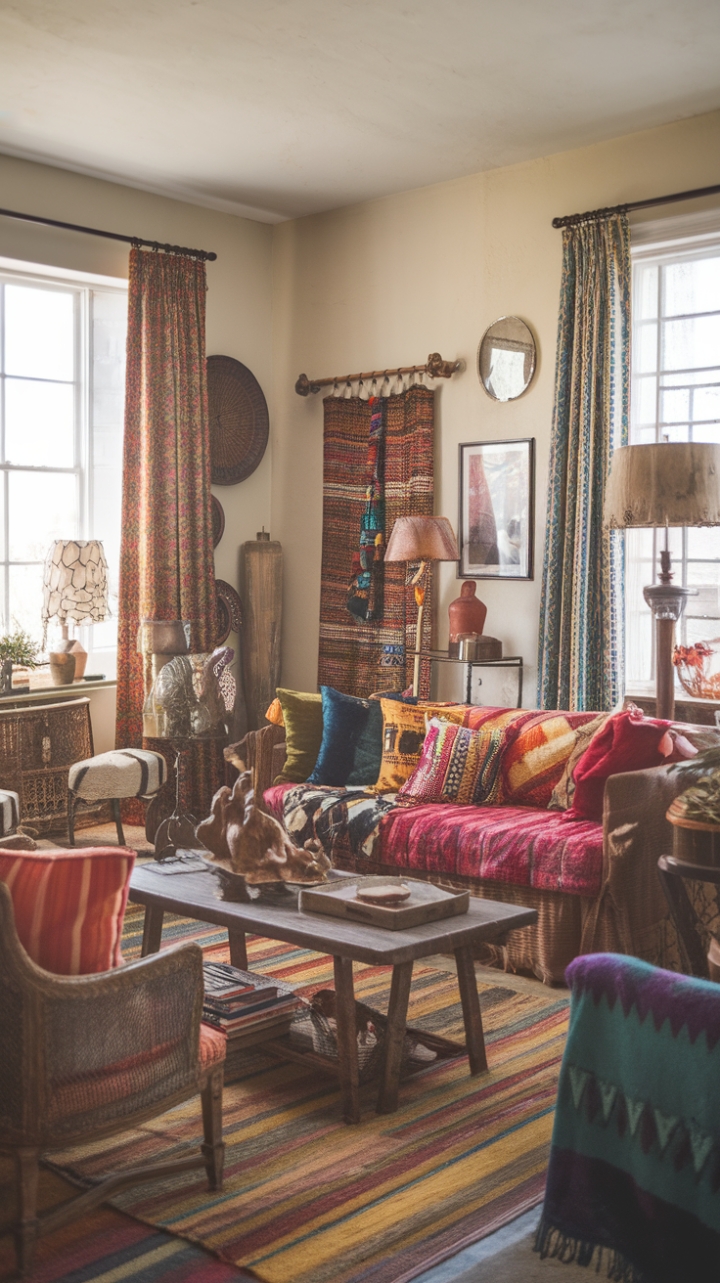 Step into a haven of bohemian bliss where vintage charm meets modern comfort. Rich textures, globally-inspired accents, and a curated collection of antique furnishings create a living room that's both effortlessly chic and wonderfully inviting. The warm, inviting atmosphere is perfect for cozy nights in and unforgettable gatherings.