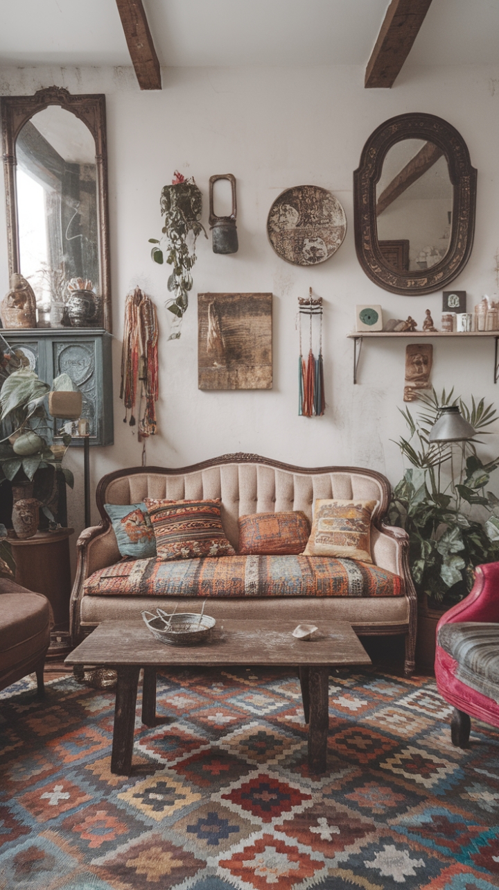A captivating boho vintage living room exudes eclectic charm with its vibrant tapestry of textures and styles. The vintage sofa, adorned with an array of colorful cushions, invites relaxation amidst a richly patterned rug that anchors the space. A rustic coffee table at the heart of the room adds warmth and character, while walls decorated with a vintage mirror, an artful painting, and charming shelves showcase a curated collection of decorative treasures. Lush greenery and a vintage lamp infuse the space with life and soft, inviting glow, blending boho chic, rustic elements, and antique furnishings into a harmonious sanctuary of personality and style.