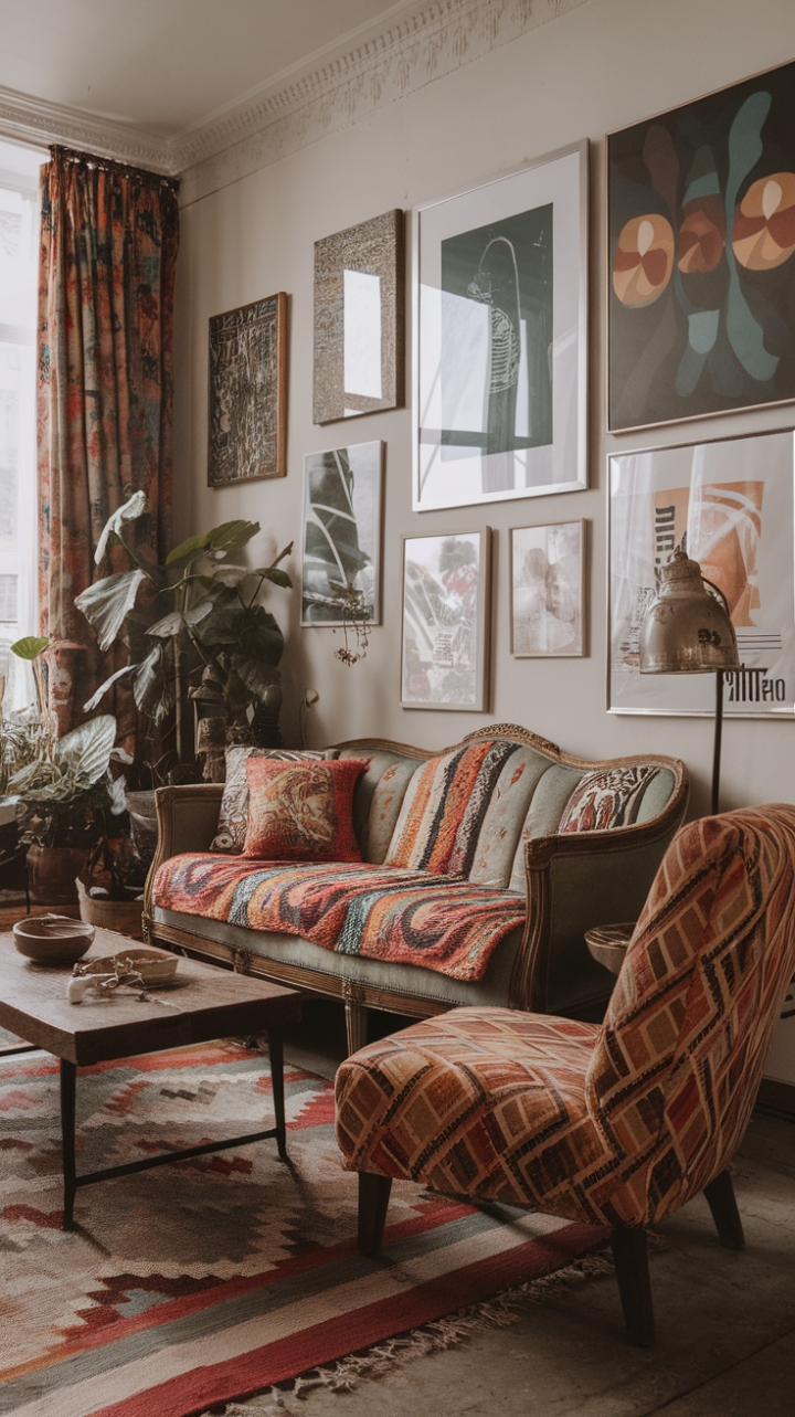 Step into a haven of bohemian bliss where vintage charm meets eclectic flair. A kaleidoscope of colorful textiles drapes a plush sofa, while a retro-patterned armchair adds a playful touch. Rustic wooden accents and a geometric rug ground the space, creating a vibrant and inviting atmosphere that's both effortlessly chic and wonderfully lived-in. The curated artwork and flourishing greenery complete this captivating scene, a testament to the beauty of collected memories and personal style.