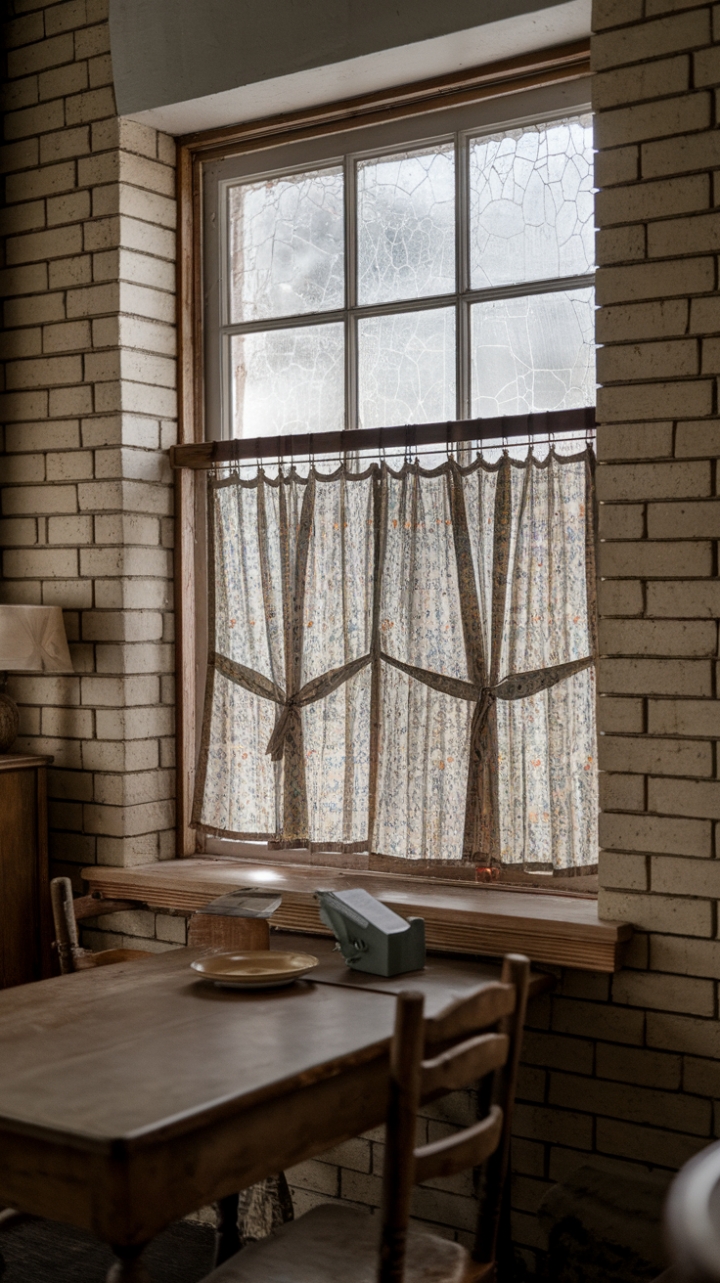 A charming vintage kitchen exudes nostalgic warmth, where a rustic wooden table and a handful of mismatched chairs invite intimate gatherings. The retro window treatment, adorned with a delicate floral fabric curtain tied back with a fabric tie, adds a touch of shabby chic elegance. The simple wooden curtain rod complements the cozy brick wall framing the slightly cracked window, enhancing the room’s authentic, lived-in character. Soft lighting from a vintage lamp bathes the space in a gentle glow, creating an inviting atmosphere that celebrates timeless charm and nostalgic comfort.